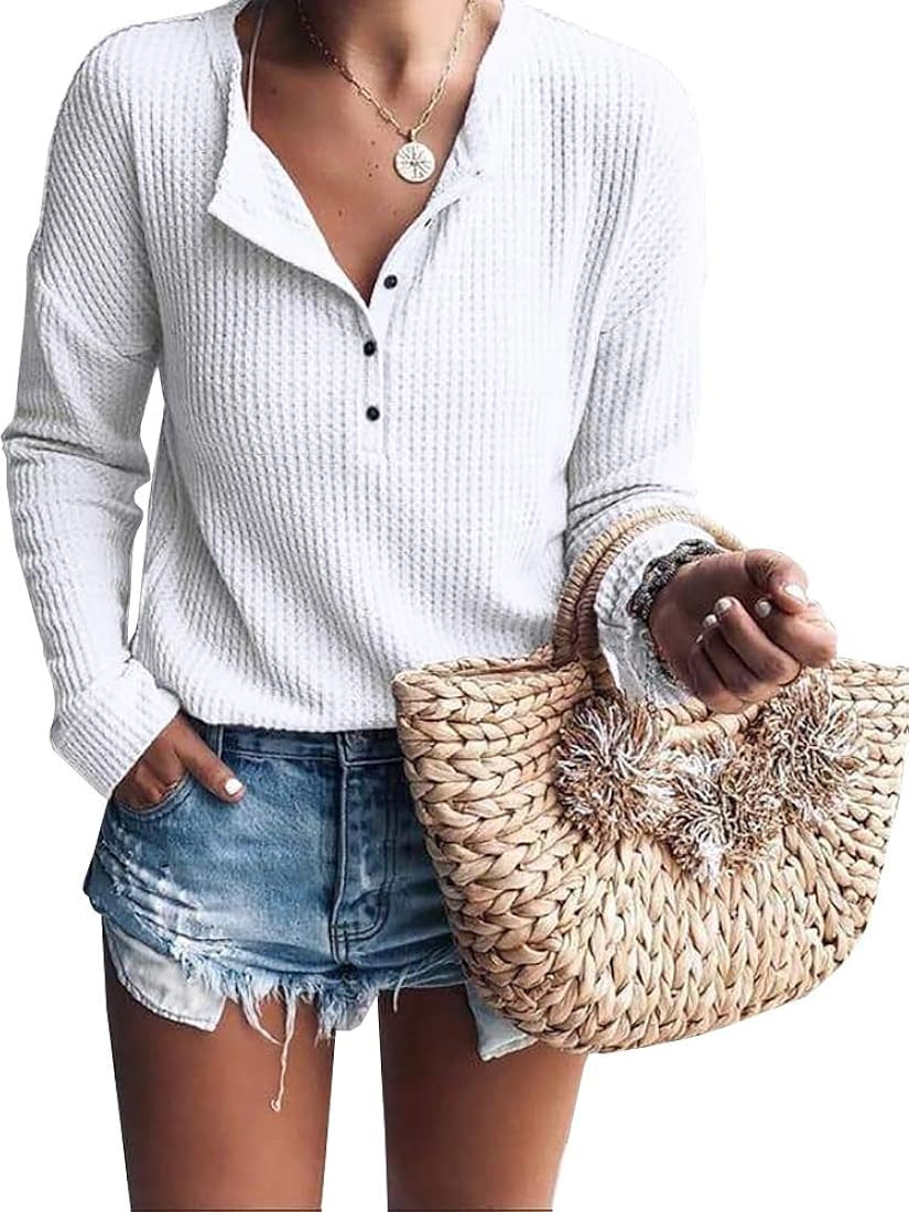 Womens Henley Shirts V Neck Long Sleeve Button Down Tops Warm Waffle Knit Tees | Amazon (US)