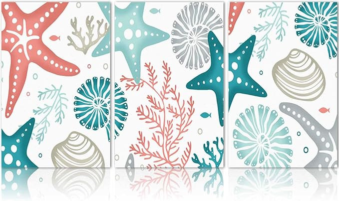 Canvas Wall Art 3 Panels, Summer Ocean Teal and Red Grey Coral Starfish Seashells Framed Wall Dec... | Amazon (US)