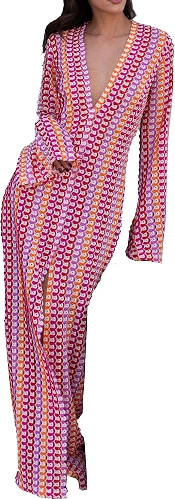 Womens Colorblock Lace Hollow Out Long Dress Sexy Deep V Neck Flare Sleeve Maxi Dress | Amazon (US)