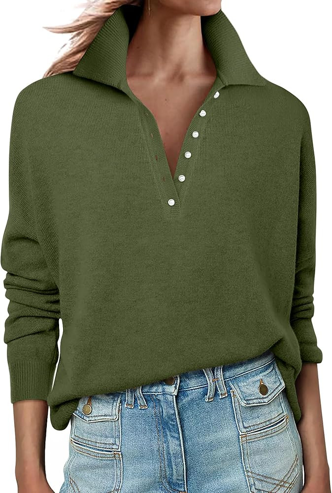 ANRABESS Womens Long Sleeve Polo Sweaters Knit Button Shirt Lightweight Dressy Casual Basic Pullo... | Amazon (US)