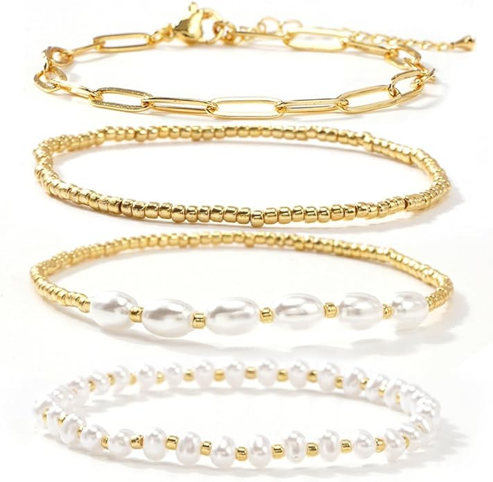 14K Gold Pearl Beaded Cross Bracelets Stack Set for Women,Stretch Boho Colorful Christian Beads B... | Amazon (US)