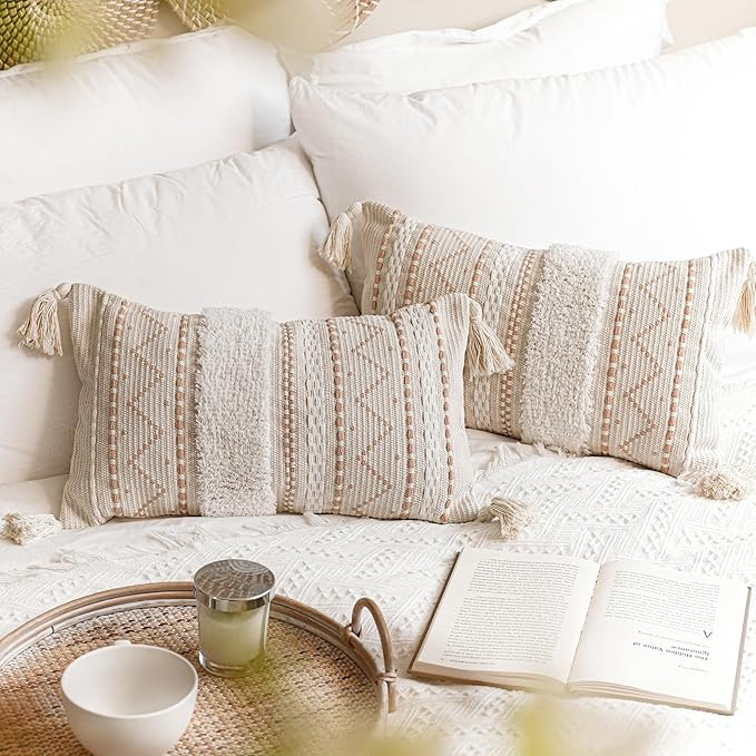 Decorative Lumbar Throw Pillow Cover 12x20 Combo Set of 2 Cream Neutral White Rectangular Boho Ac... | Amazon (US)