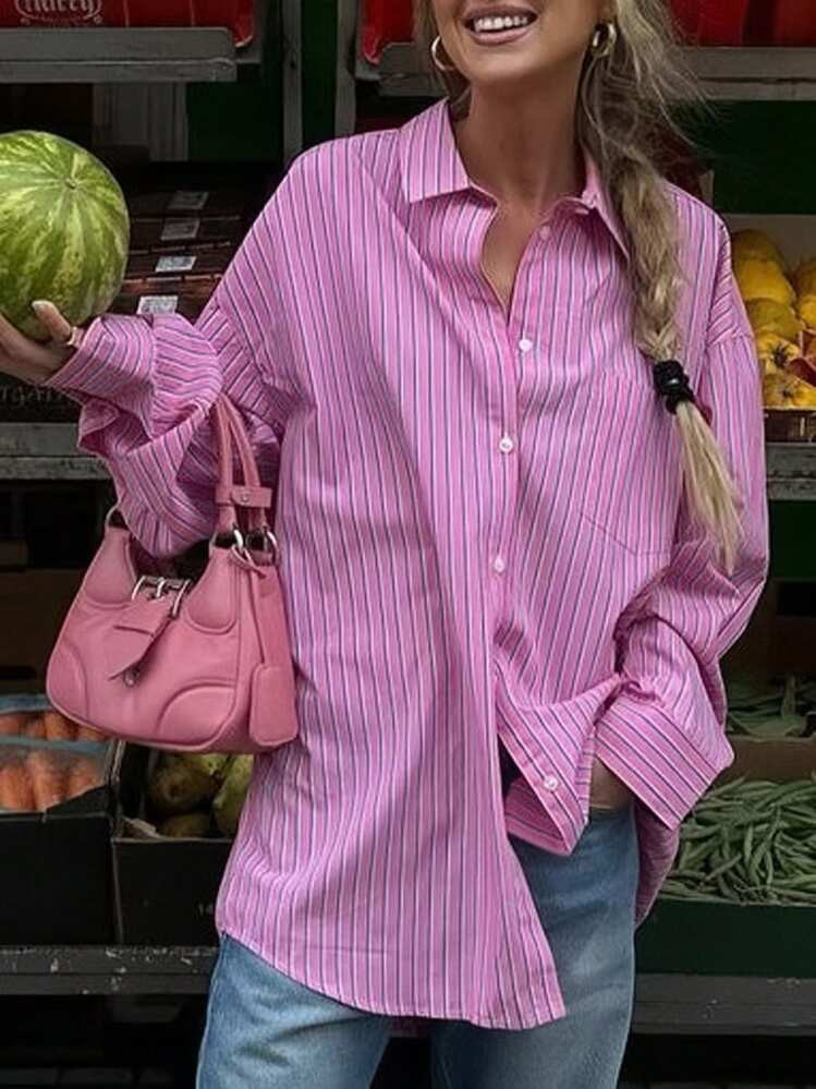 INAWLY Women's Button Front Striped Long Sleeve Blouse, Casual Daily Wear | SHEIN