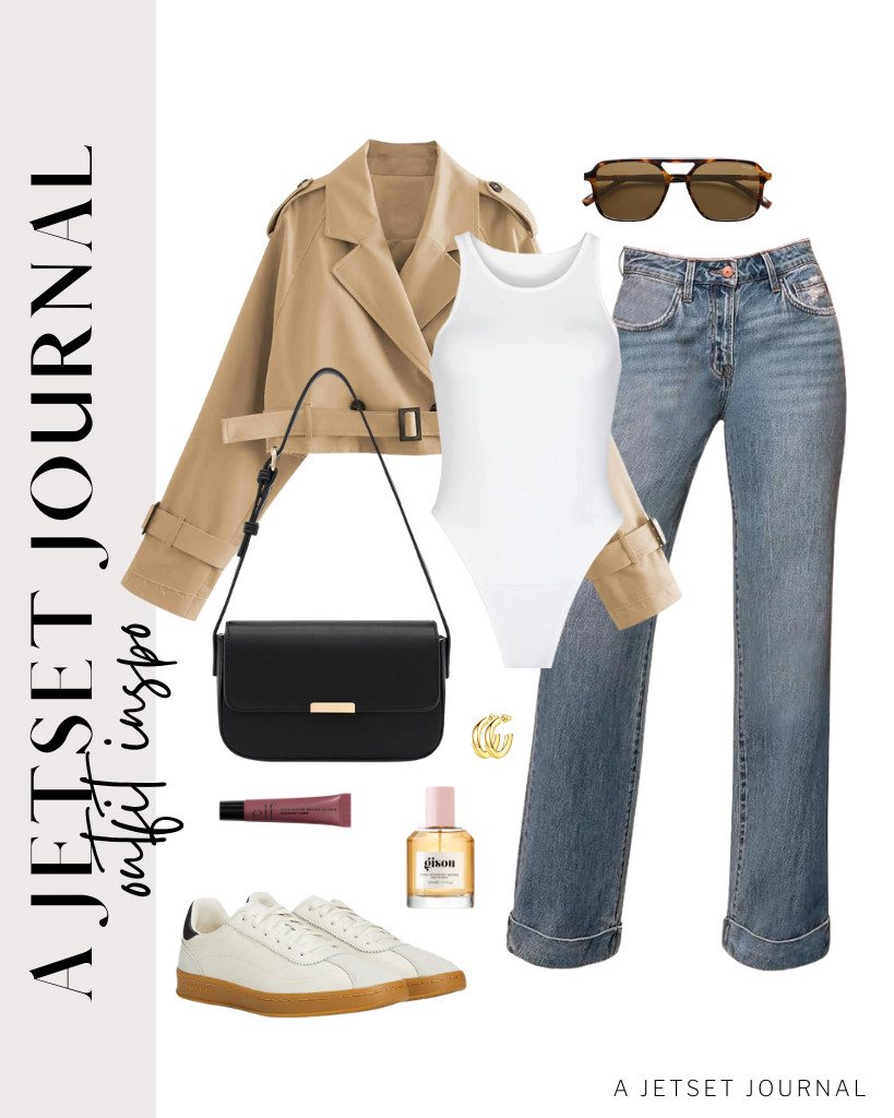 Thinking of a nice outfit for a casual brunch? This combination of a bodysuit, jeans, and a double-breasted, cropped trench coat is perfect. You will love this mini flap purse and sneakers that pull the whole look together. 

 #LTKSeasonal #LTKSaleAlert #LTKTravel