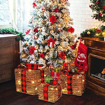 Juegoal Christmas Set of 3 Lighted Rattan Gift Boxes Decorations, 60 LED Warm White Light Up Chri... | Amazon (US)