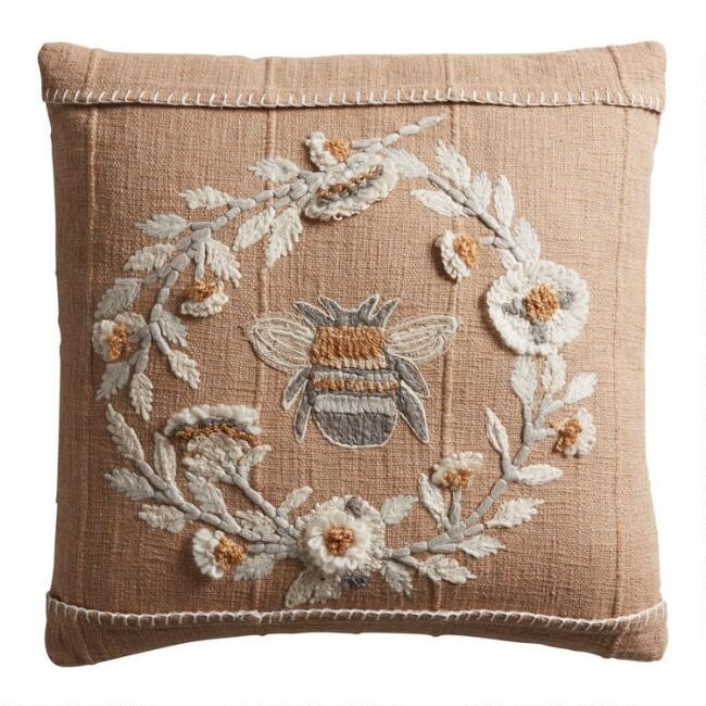 Taupe Embroidered Bee Throw Pillow | World Market