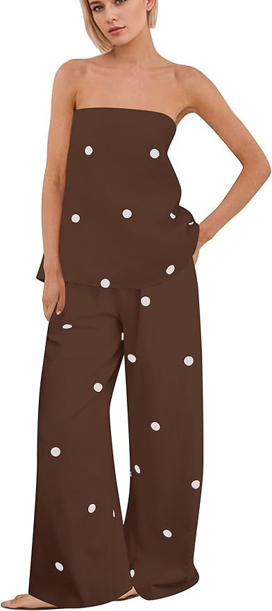 Women 2 Piece Outfits Polka Dot Summer Pants Set Strapless Tube Top High Elastic Waist Wide Leg P... | Amazon (US)