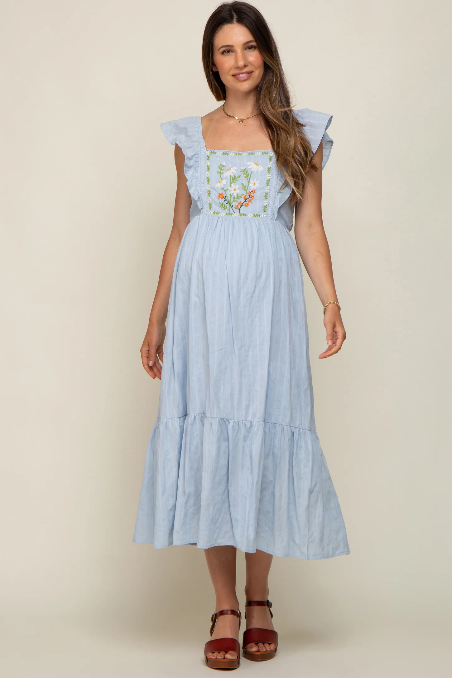 Light Blue Floral Embroidered Tie Back Maternity Midi Dress | PinkBlush Maternity