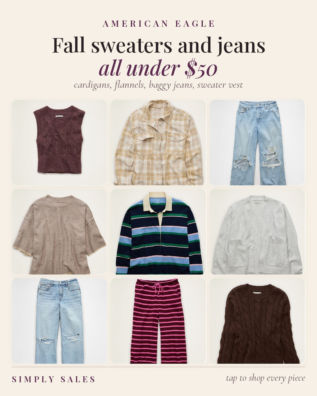 American Eagle's fall sale is on and everything in this roundup is under $50. Sweaters, flannels and the baggy jeans are all marked down.

sweater vest, plaid flannel shirt, baggy wide leg jeans, ripped stovepipe jeans, short sleeve sweater, striped rugby polo, cardigan sweater, striped sweatpants, cable knit sweater, american eagle sale, fall outfits, fall basics, cozy sweaters, transitional fall style 

 #LTKgrwm #LTKootd #LTKSeasonal