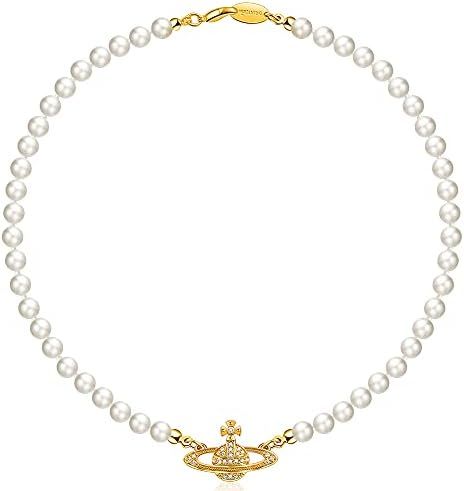 ORJATEXIN Golden Saturn Pearl Necklace Diamond Pearl Bead Crystal Rhinestone Saturn Planet Neckla... | Amazon (US)