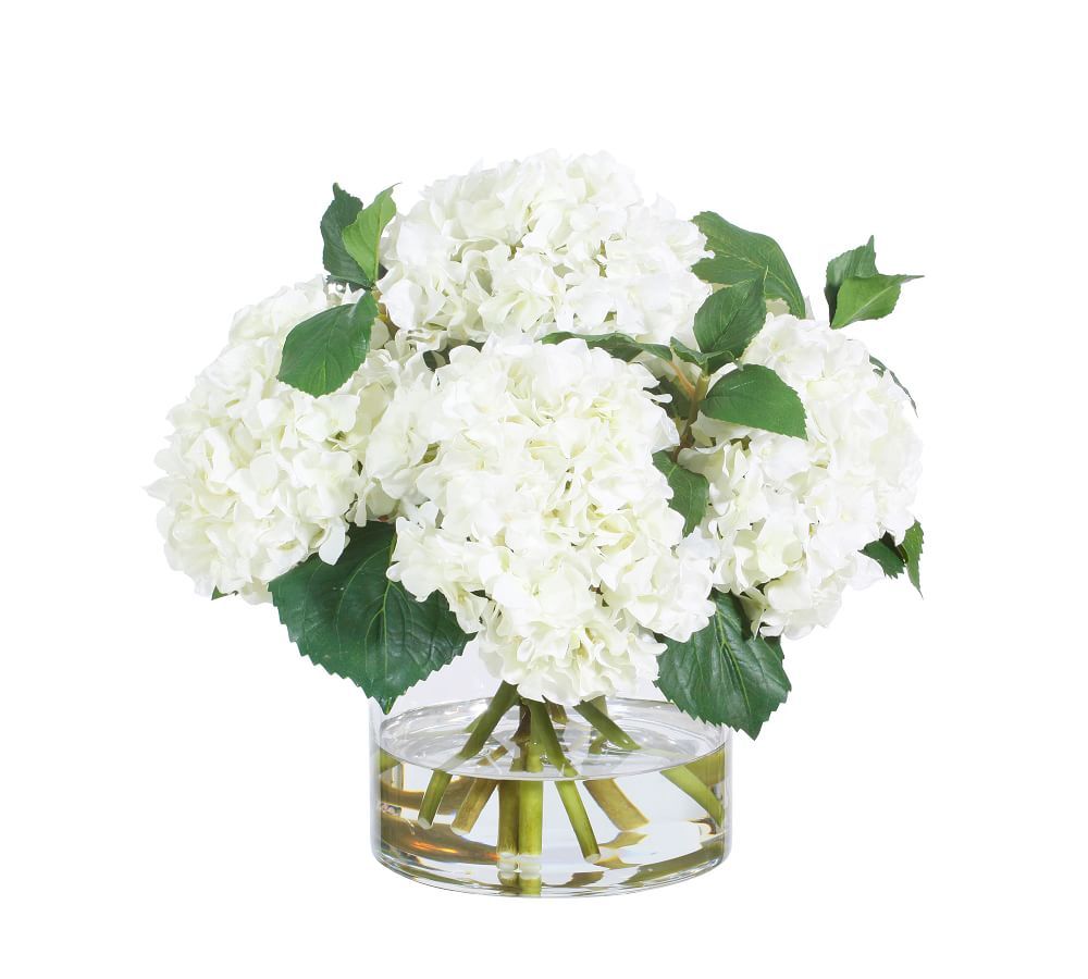 Faux White Hydrangeas In Glass Vase, 15&amp;quot; | Pottery Barn (US)