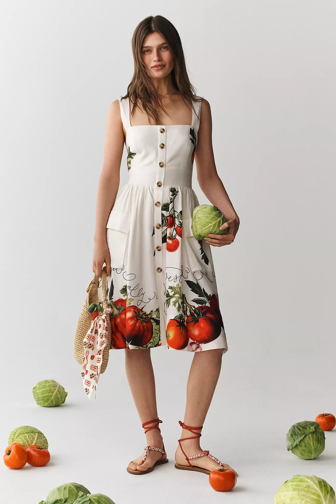 Maeve Button-Front Fit & Flare Tomato Midi Dress | Anthropologie (US)