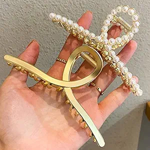 Large Metal Hair Claw for Women with Pearls 4.3 Inch Non-Slip Hair Clips Thick Hair Threaded Gold... | Amazon (US)