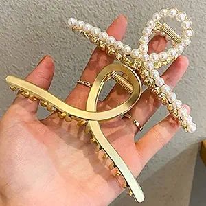 Large Metal Hair Claw for Women with Pearls 4.3 Inch Non-Slip Hair Clips Thick Hair Threaded Gold... | Amazon (US)