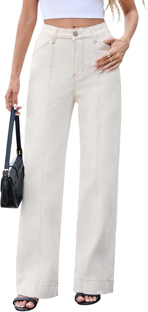 Allimy Womens High Waist Front Seamed High Rise Wide-Leg Jeans Straight Leg Loose Washed Long Ful... | Amazon (US)