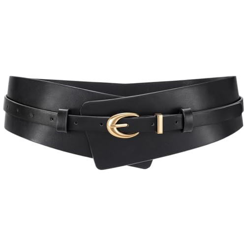WHIPPY Women Wide Leather Belt Fashion Ladies Dress Belt 2-in-1 Waistband with Skinny Belt for Suits, Black, M | Amazon (US)