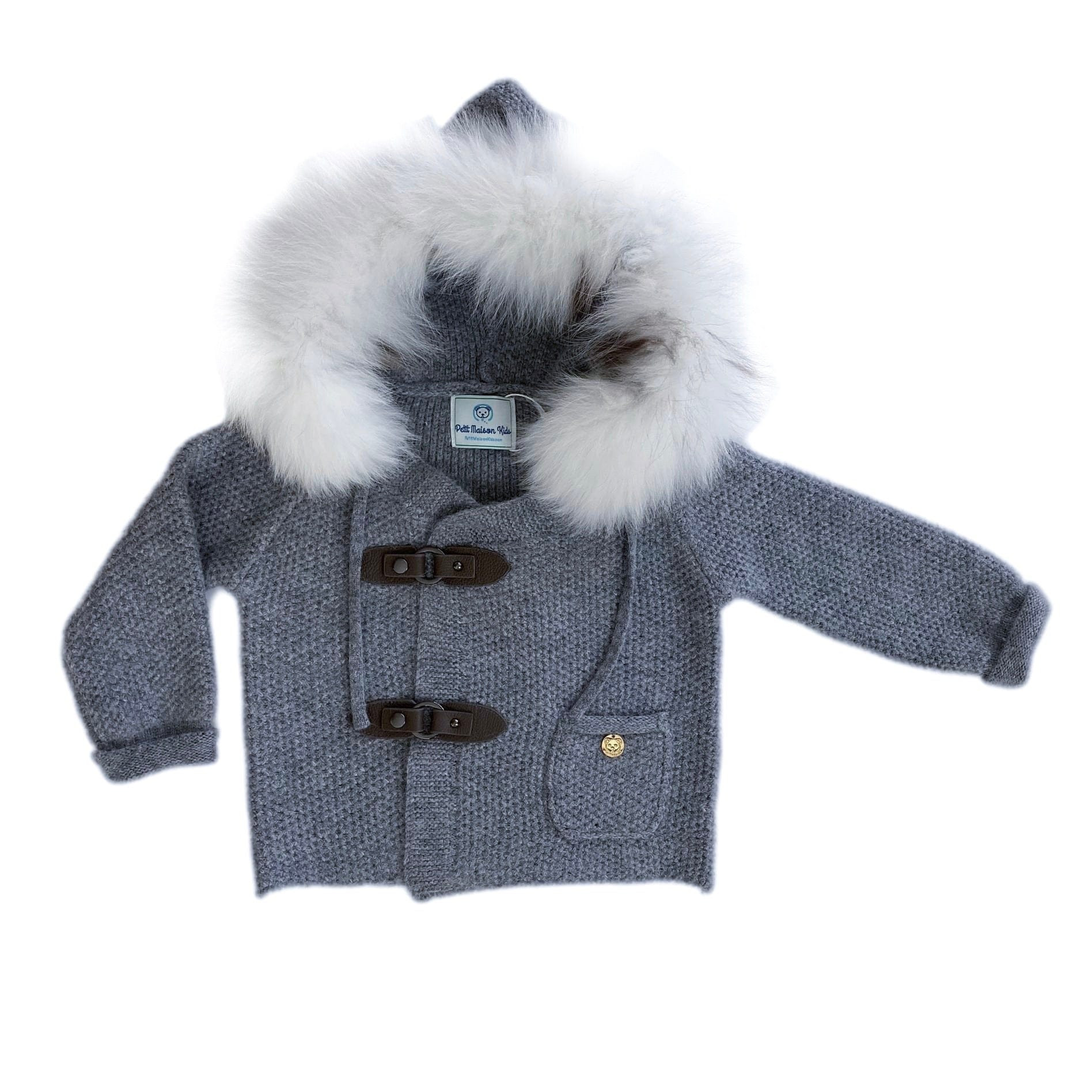 Honeycomb Grey Cashmere Pram Coat with White Print Trim | petite maison kids