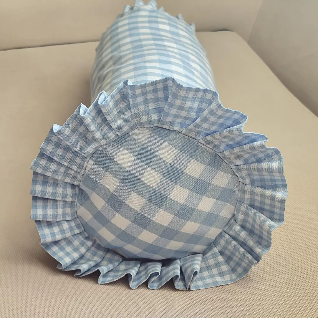 Baby Blue Ruffle Gingham Bolster Pillow Cover, Custom Size Cylinder Pillow Case With Frills, Roun... | Etsy (US)