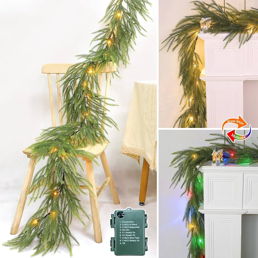 9Ft Norfolk Pine Garland, Prelit Christmas Garland Artificial Faux Greenery Garland Cedar Garland... | Amazon (US)