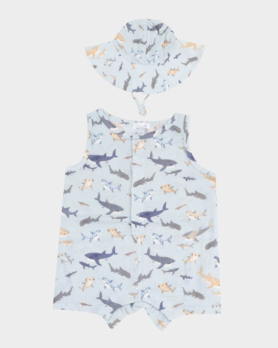 Boy's Shark-Print Playsuit & Sun Hat, Size 3M-24M | Neiman Marcus