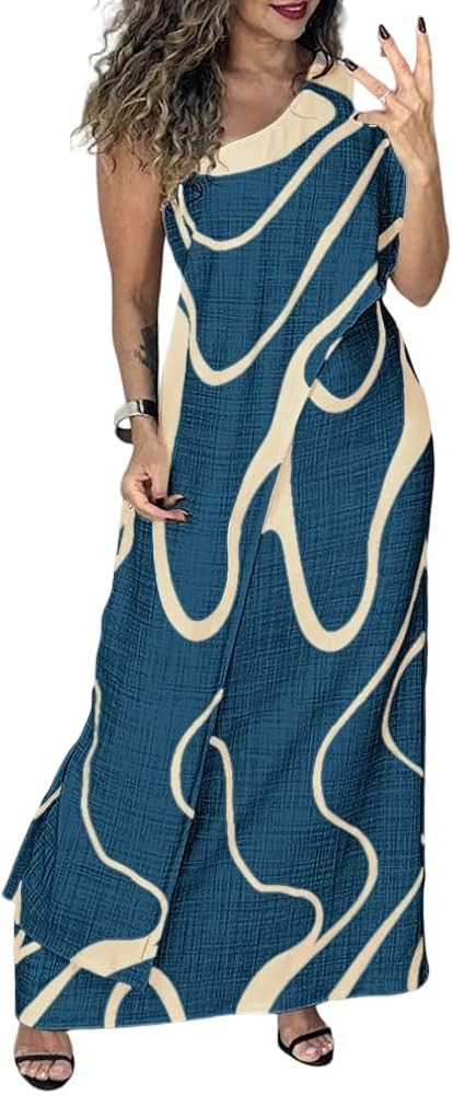CHICME Abstract Print One Shoulder Bodycon Maxi Dress for Women Faux 2 Piece Boho Beach Vacation ... | Amazon (US)