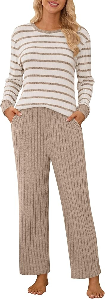 Blooming Jelly Womens Pajamas 2 Piece Satin Matching Lounge Sets Cute Long Sleeve Striped Pants P... | Amazon (US)