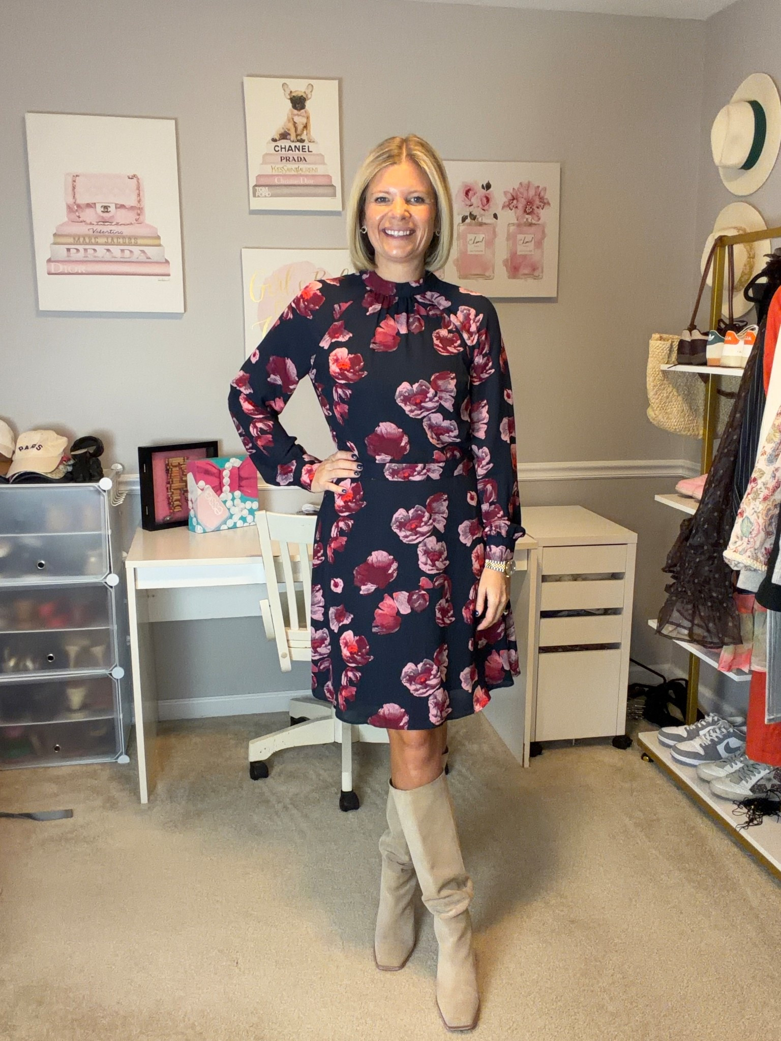 Fit and flare long sleeve dress. TTS (wearing size Medium/8)
Light brown suede tall boots with block heel TTS

#LTKgrwm #LTKMidsize #LTKWorkwear