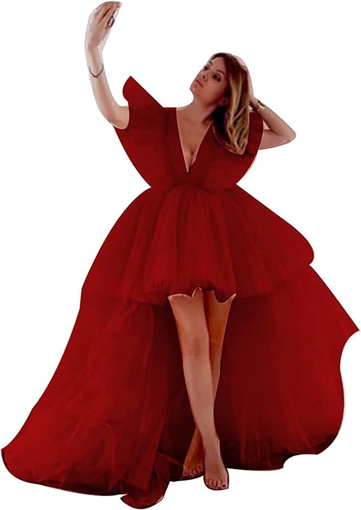 Red Deep V-Neck Prom Dresses for Women High Low Tulle Puffy Tiered Formal Evening Gown 2021 Size ... | Amazon (US)