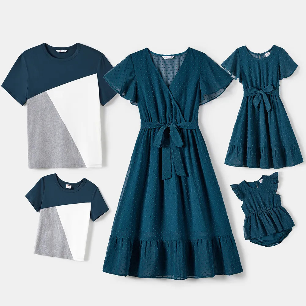 Family Matching Solid Belted  V-neck Polka Dot Dresses And Color-Block Short Sleeve Tops Sets | PatPat