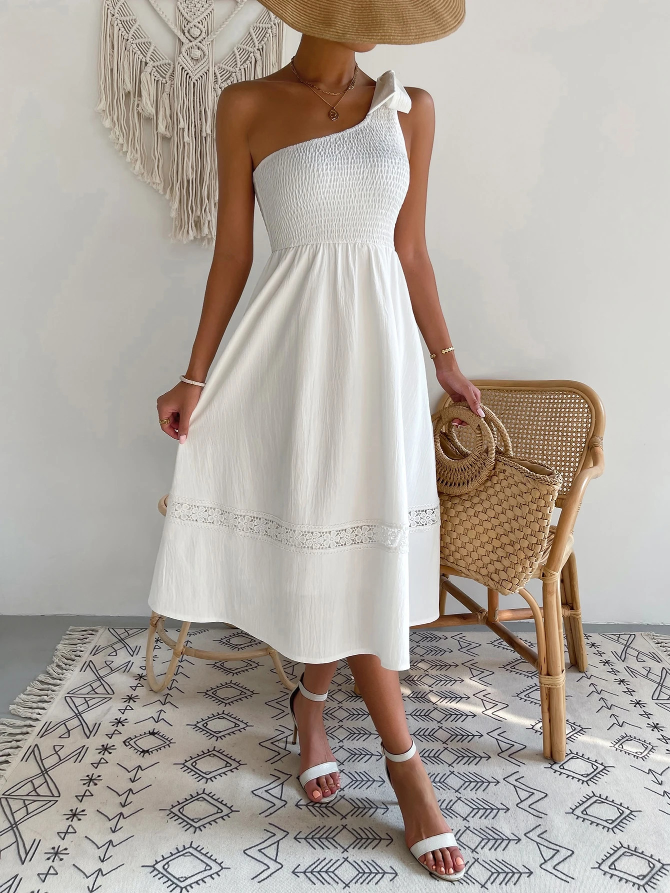 Tie One Shoulder Shirred Guipure Lace Panel Dress | SHEIN