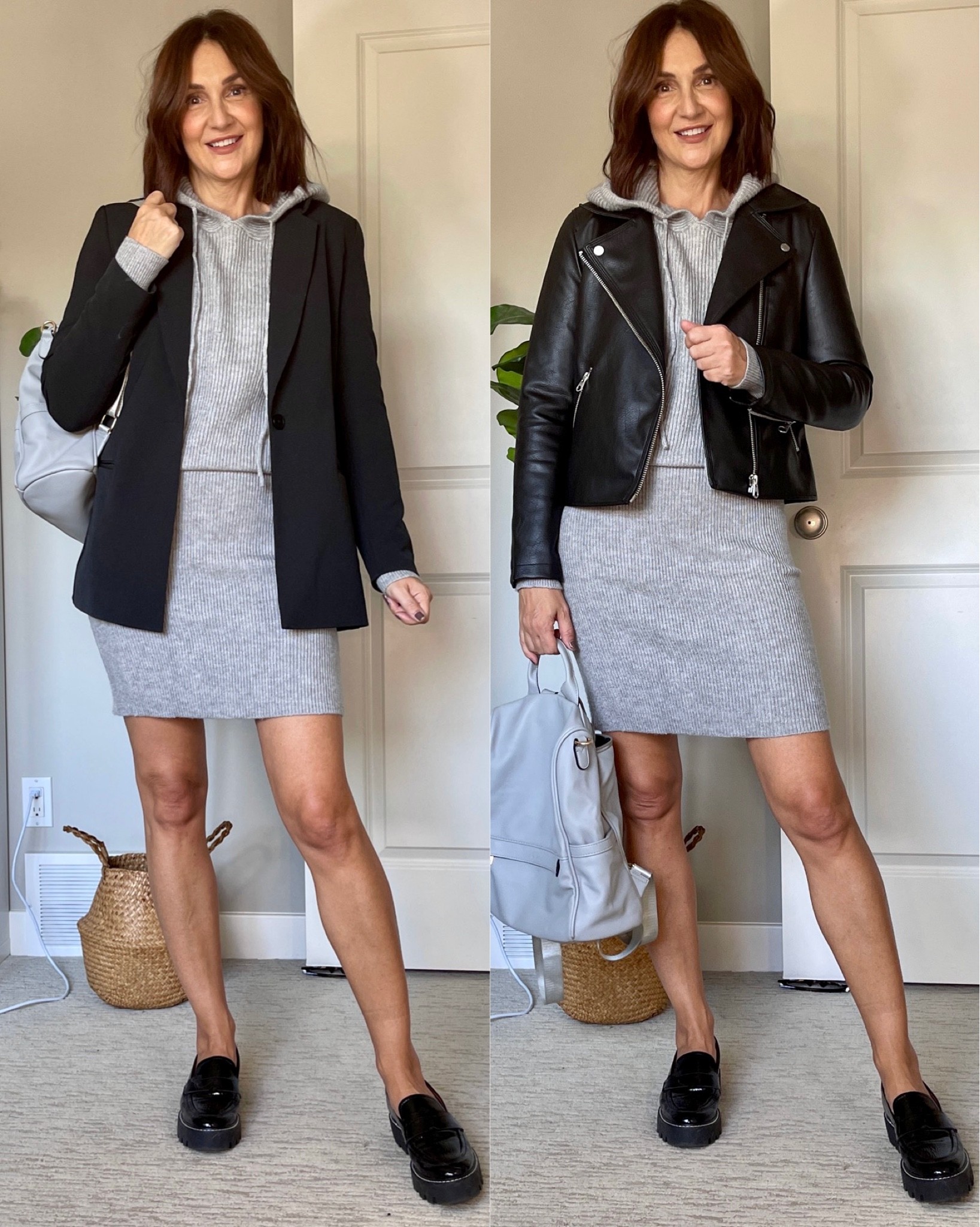 Sweater dress topper, blazer or moto jacket!
Sized up two sizes to L in this dress, the M fit too but was a bit short on me (I’m 5’ 7”). Wearing my usual S in the Amazon blazer, such a good fit, I also have it in another color.
The loafers I got on Amazon too but they are available at several retailers and fit tts. Backpack is also Amazon.
My exact jacket is from Plenty (linked on stories) but I found a similar one from a brand I have other moto jackets from, very good quality.  


#LTKitbag #LTKstyletip #LTKshoecrush