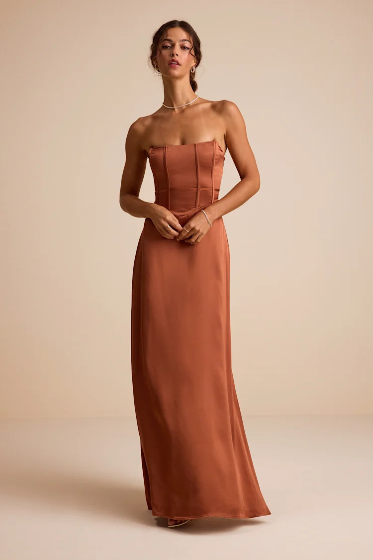Extraordinary Presence Rust Brown Satin Strapless Maxi Dress | Lulus