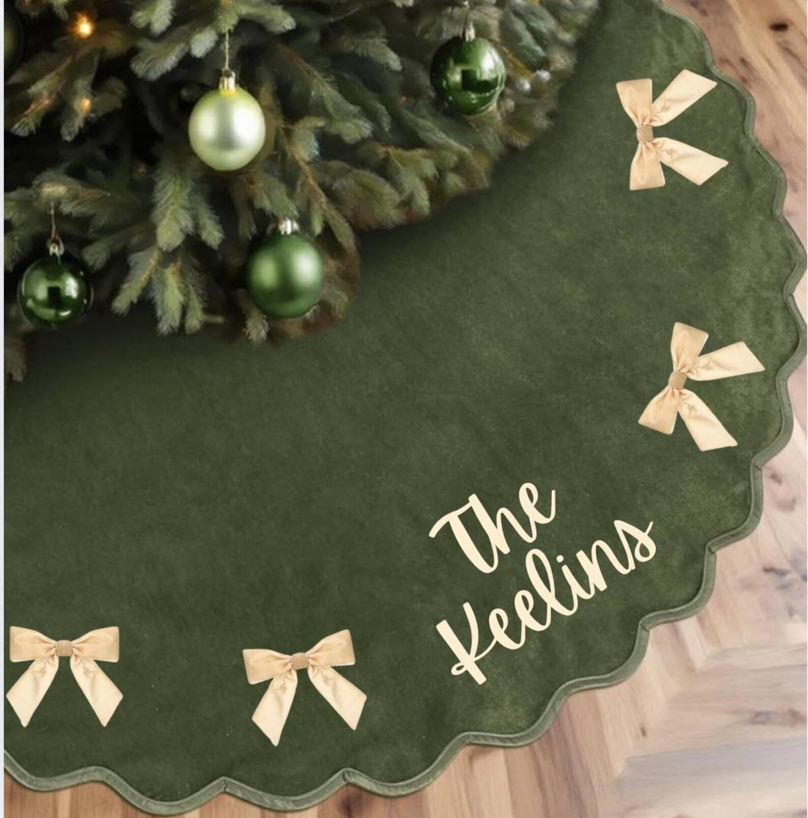 Velvet Scallop Christmas Tree Skirt With Embroidered Personalized Name and Bows - Etsy | Etsy (US)