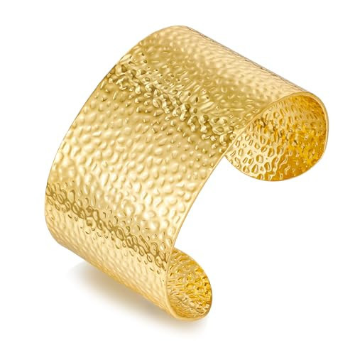 WOWORAMA Hammered Chunky Cuff Bracelets for Women Boho Extra Wide Open Cuff Bangles Adjustable Statement Gold Bracelet Lightweight Arm Cuff Bracelets | Amazon (US)