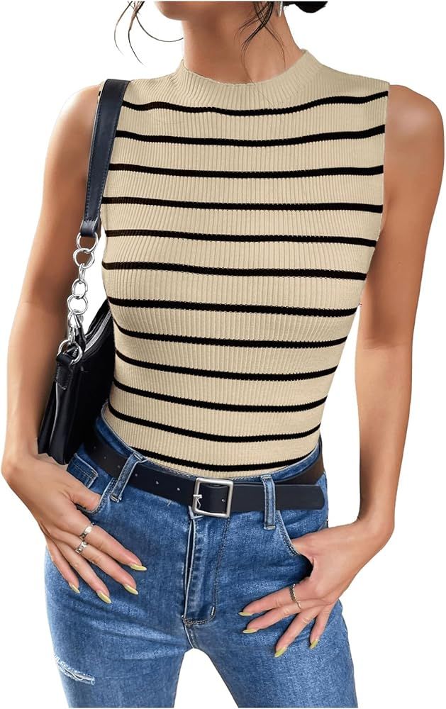 SOLY HUX Women's Striped Tank Top Mock Neck Sleeveless Split Fitted Summer Tops | Amazon (US)