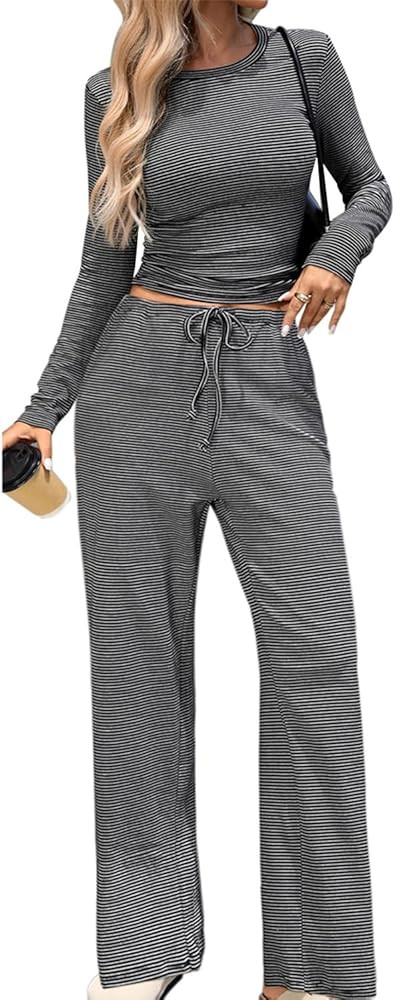 CHYRII Womens Two Piece Sets Fall Fashion Striped Long Sleeve Tops Wide Leg Palazzo Pants Outfits... | Amazon (US)