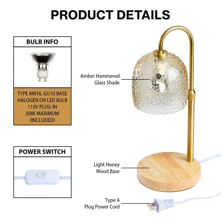 Better Homes & Gardens Amber Hammered Glass Candle Warmer Lamp with Adjustable Height & Light Woo... | Walmart (US)