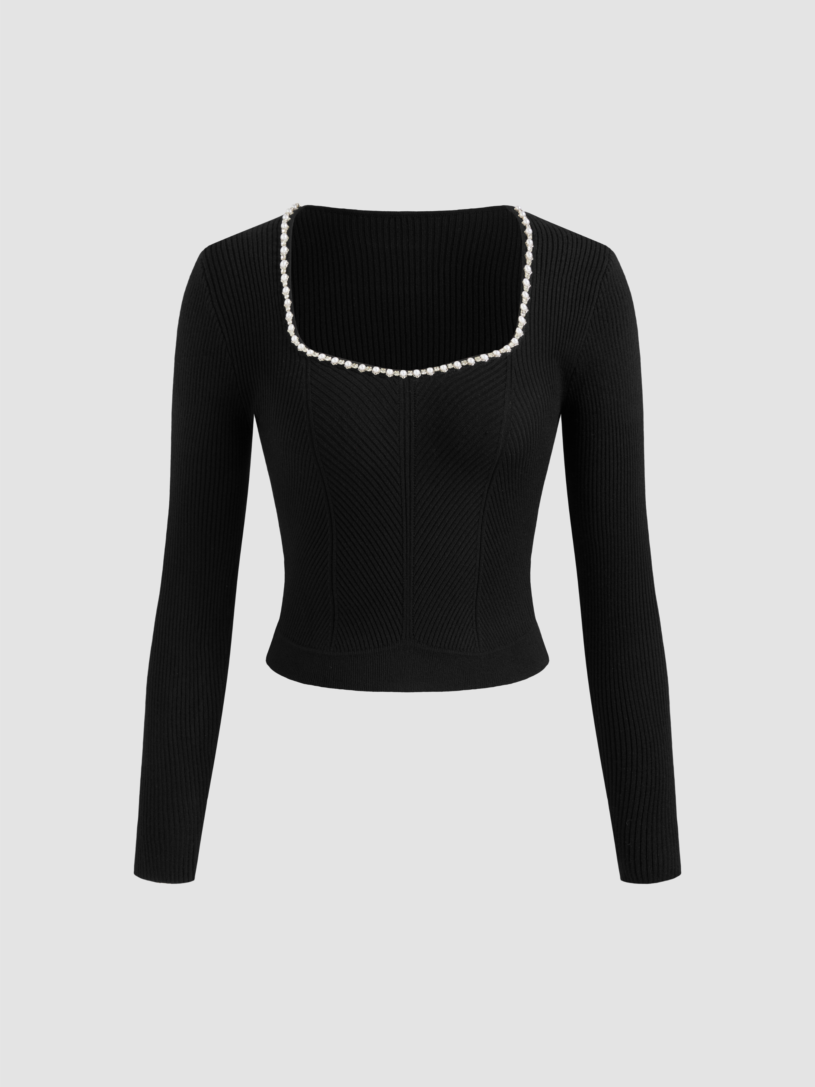 Knit Fabric Knit Square Neck Pearl Long Sleeve Crop Top For Work | Cider