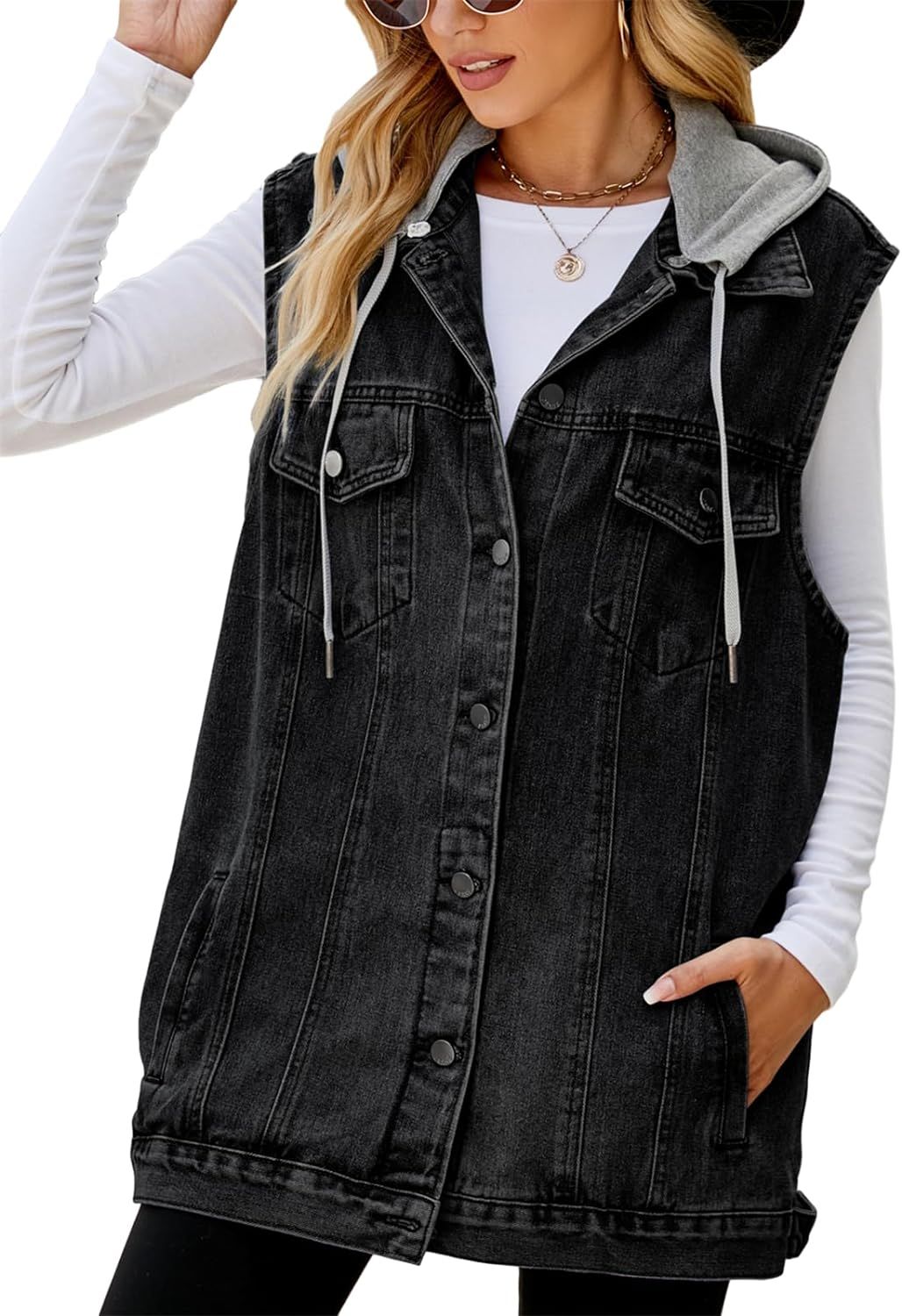 hathne Women's Oversized Denim Vest Sleeveless Jean Jacket Vest with Hood Button Down Long Waistc... | Amazon (US)