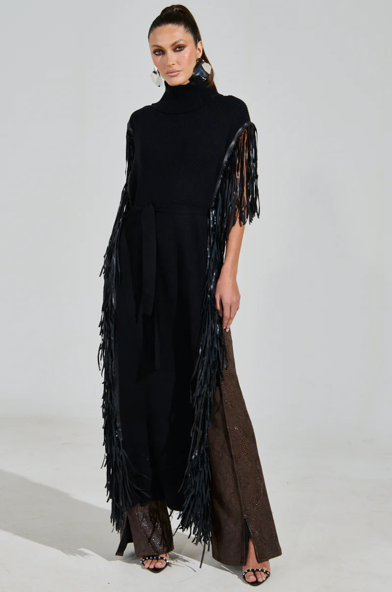 CHEYENNE FAUX BLACK LEATHER FRINGE BELTED SWEATER | AKIRA