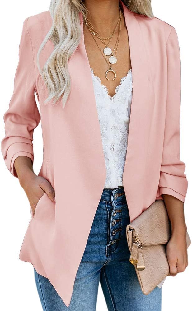 Womens Casual Blazer Ruched 3/4 Sleeve Open Front Relax Fit Office Lightweight Cardigan Jacket Bl... | Amazon (US)