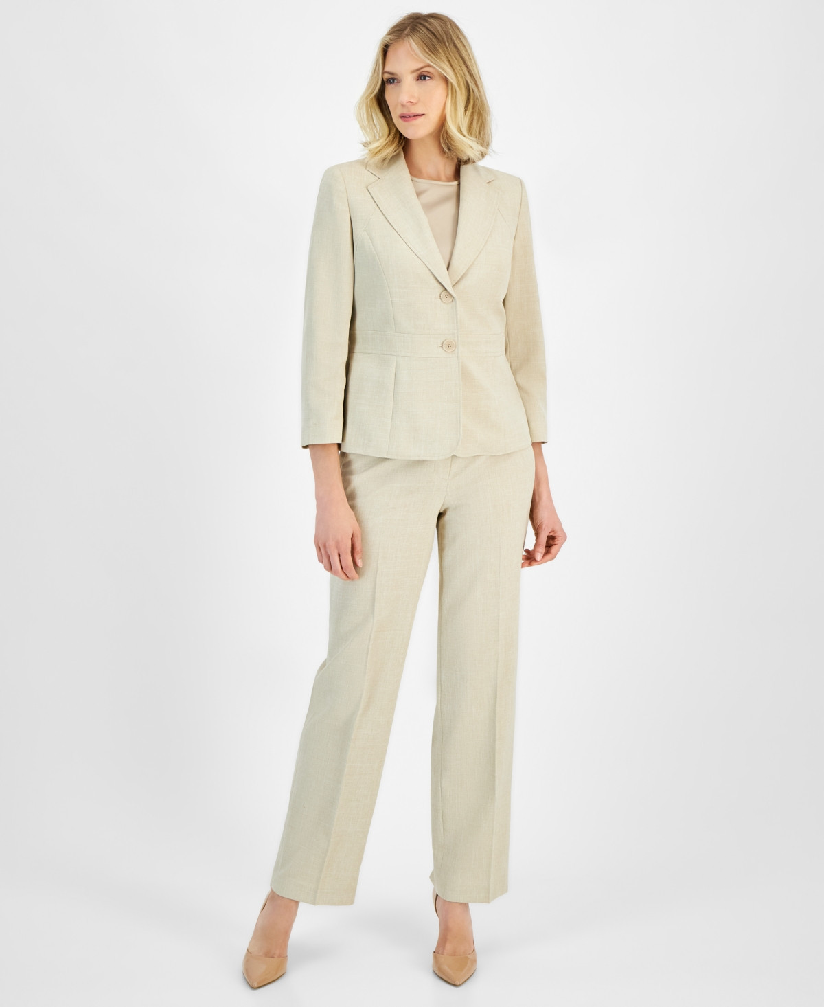 Le Suit Women's Two-Button Inset Jacket Extended-Tab Waist Pantsuit Set, Regular & Petite - Tan Multi | Macy's