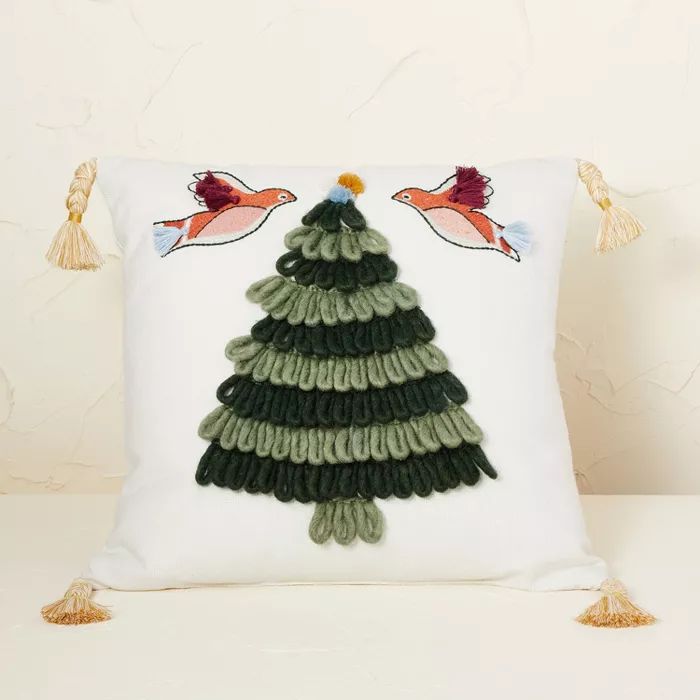 Looped Cording Christmas Tree with Birds Square Throw Pillow Cream - Opalhouse™ designed with J... | Target