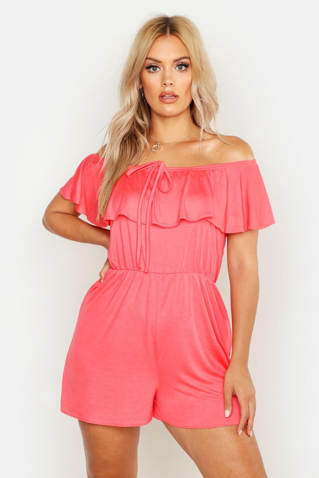 Womens Plus Off The Shoulder Tie Detail Romper - Orange - 16 | Boohoo.com (US & CA)