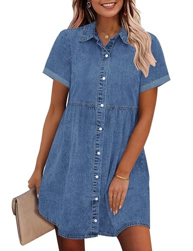 GRAPENT Denim Dress for Women Babydoll Tiered Short Sleeve Button Down Jean Shirt Dresses Medium Blue Loose Fit Fall Fashion Western Country Outfits to Wear with Cowboy Boots Large Size 12 to 14 | Amazon (US)