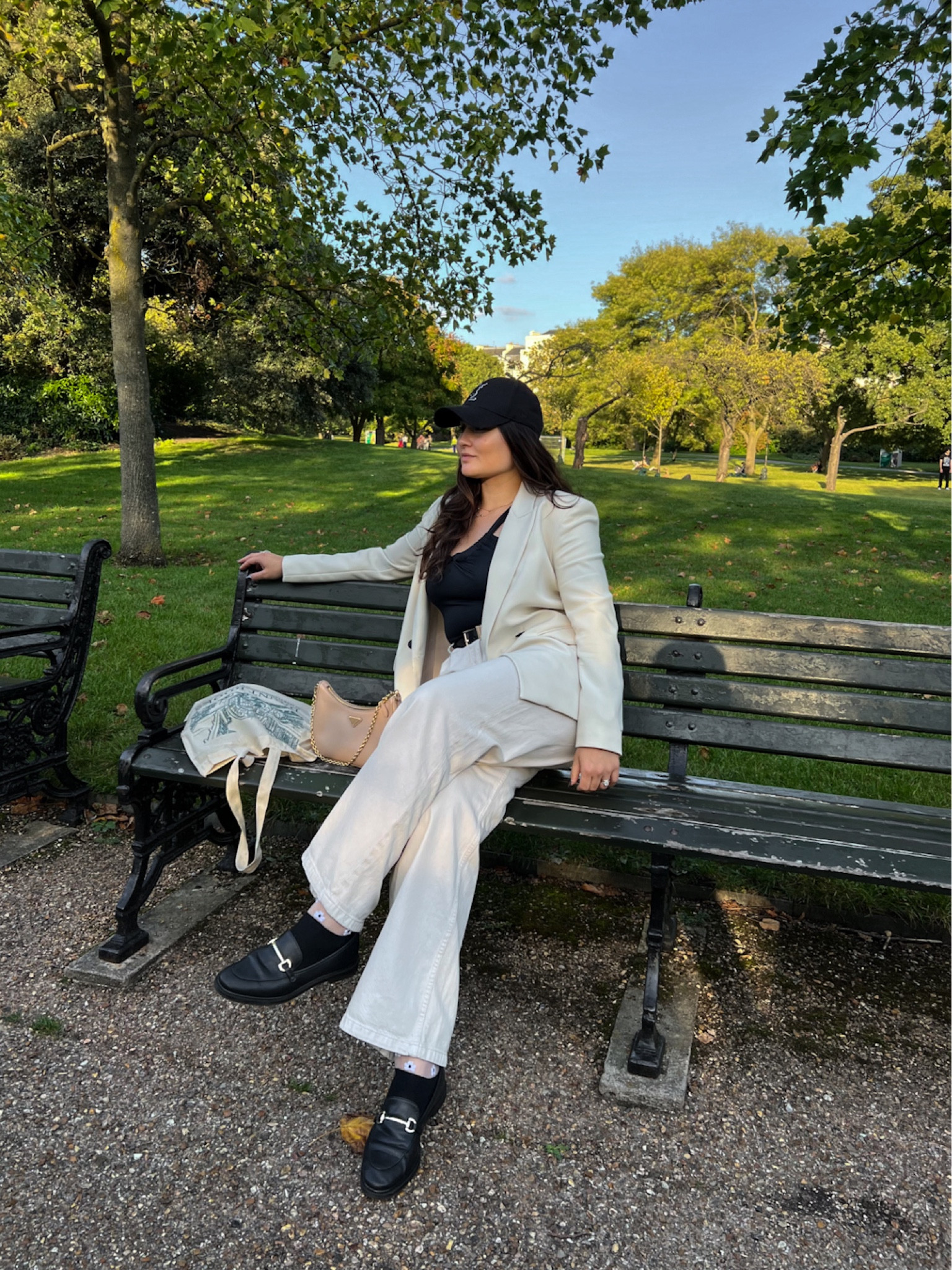Casual chic outfit 
My cream color pants are actually jeans and very comfortable! I’m wearing size 29 in curve love. 

London outfit 
Black chic loafers 

#LTKtravel #LTKstyletip