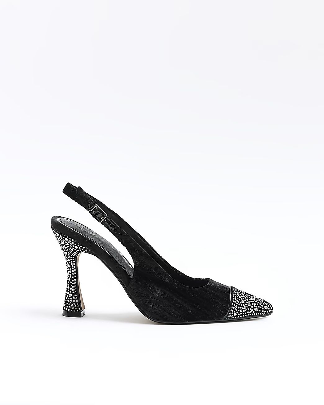 Black velvet diamante heeled sling back shoes | River Island (UK & IE)