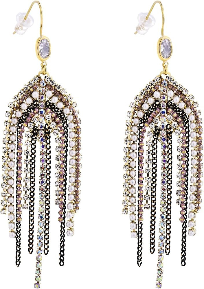 Fringe Hook Dangling Earrings,Long Bohemian Handmade Beaded Cubic Zirconia Crystal Statement Boho... | Amazon (US)