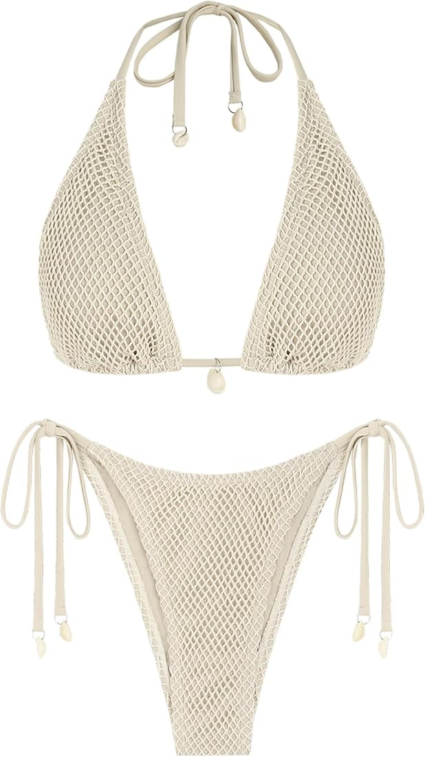 ZAFUL Women's Triangle Bikini Multiway Fishnet Tie Side Bandeau Halter String Bikini Set Two Piec... | Amazon (US)