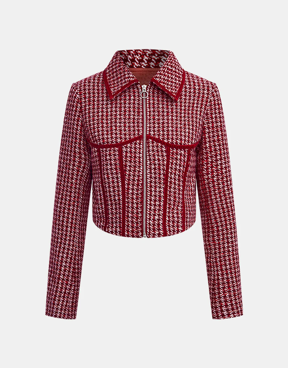 Houndstooth Pattern Zip Up Crop Jacket | Urban Revivo